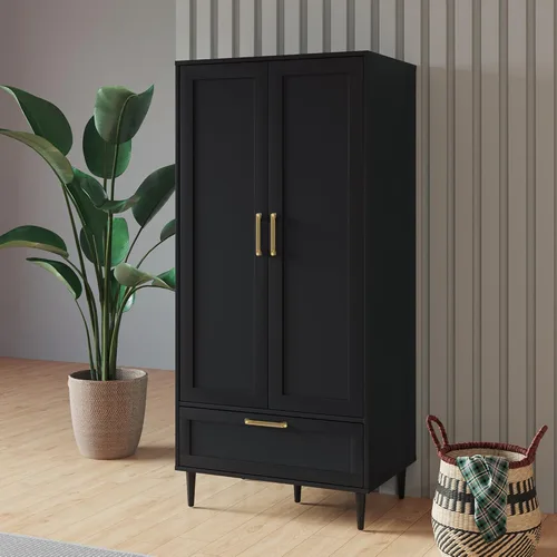 Vista 3 de Armario Morden para dormitorio, armario con barra para colgar, 60 pulgadas, 2 puertas, para ropa con cajones, armario de almacenamiento Morden, Negro