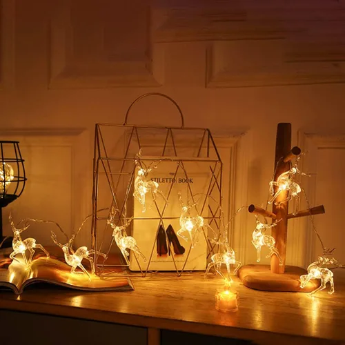 Vista 3 de Enfudid Tira de luces de Navidad con diseño de reno, 10 luces LED de color blanco cálido, funciona con USB, decoraciones de Navidad para regalos
