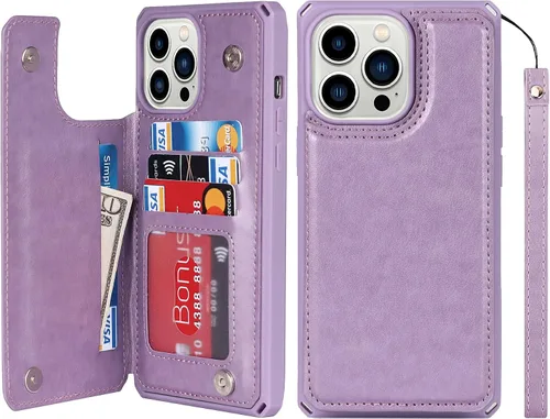 Vista 21 de iCoverCase Funda de billetera compatible con iPhone 13 Pro Max con tarjetero para mujer, cuero PU en relieve con bloqueo RFID y correa de muñeca
