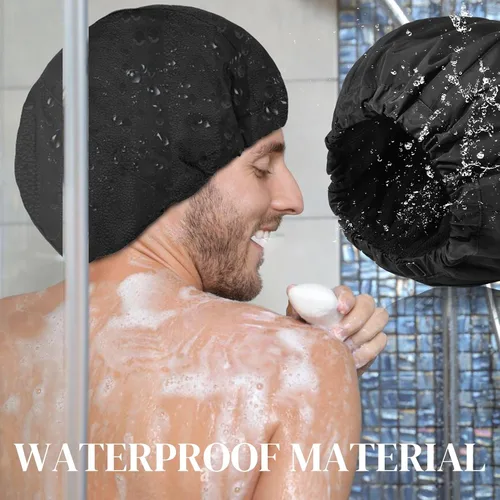 Vista 3 de Gorro de ducha para hombre, gorro de baño negro, reversible, con forro de rizo, grande, impermeable, ajustable, banda elástica, dobladillo elástico