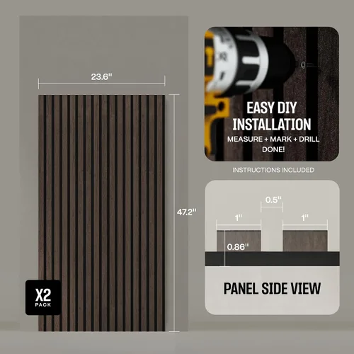 Vista 5 de Paquete de 2 paneles de madera para pared, paneles de pared de listones de madera acústicos, paneles de madera insonorizados para decoración