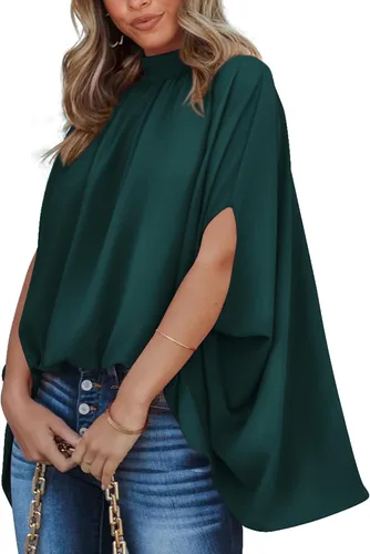 Vista 35 de BTFBM Blusas de verano para mujer, cuello alto falso, manga murciélago, holgadas, dobladillo alto y bajo, blusas informales de gran