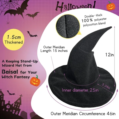 Vista 6 de Sombrero de bruja negro, disfraz de Halloween para mujeres adultas, 0.6 in de grosor, sombrero de mago Gandalf antiarrugas y se mantiene en pie