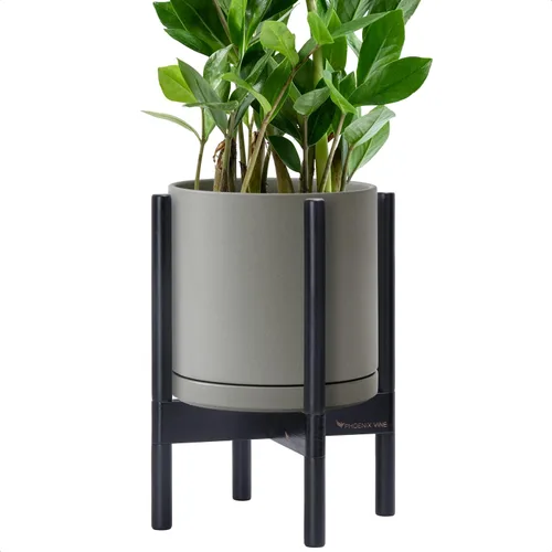 Vista 44 de D'vine Dev Maceta de cerámica con soporte de ébano – Maceta redonda moderna de 8 pulgadas con soporte para maceta de madera, color negro, 55-B-M-2