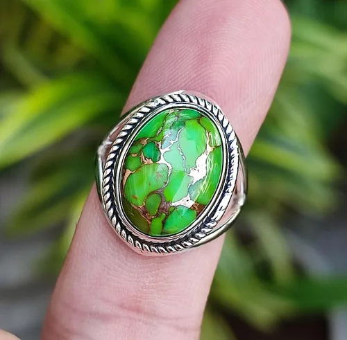 Vista 8 de Navya Craft Green Copper Turquoise Ring, 925 Sterling Silver Statement Promise Ring for Women, Natural Turquoise Oval Gemstone Handmade Boho