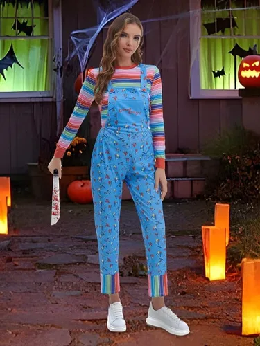 Vista 4 de Disfraz de dibujos animados de Halloween para mujer, overol azul y camisa a rayas