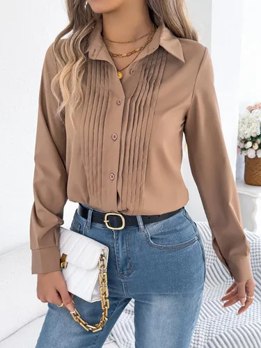 Vista 2 de Blusa de manga larga plisada con cuello y botones para mujer, elegante blusa de oficina