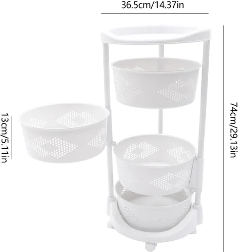 Vista 6 de Cesta giratoria de almacenamiento de frutas de 4 niveles, estante de almacenamiento giratorio para cocina, cesta de frutas con ruedas para frutas