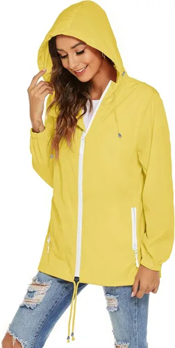 Vista 4 de Avoogue Chaqueta impermeable para mujer, ligera, transpirable, con capucha, rompevientos activos con bolsillo