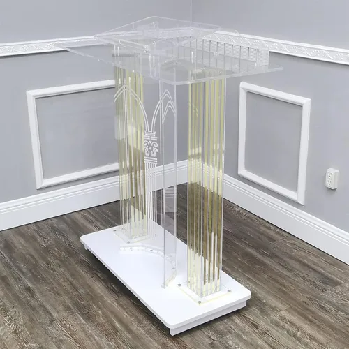 Vista 8 de Púlpito de la iglesia, podio de oro acrílico con rodillos con luces LED, plataforma de lectura vertical, entrada, embajadas, colegios y conferencias