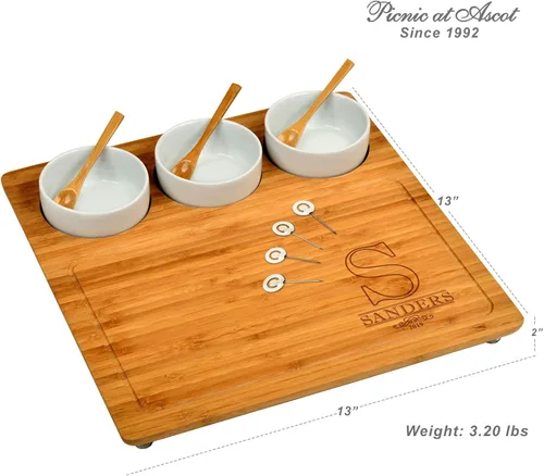 Vista 2 de Tabla de cortar de queso/embutidos de bambú grabada personalizada, incluye 3 cuencos de cerámica con cucharas de bambú, marcadores de queso