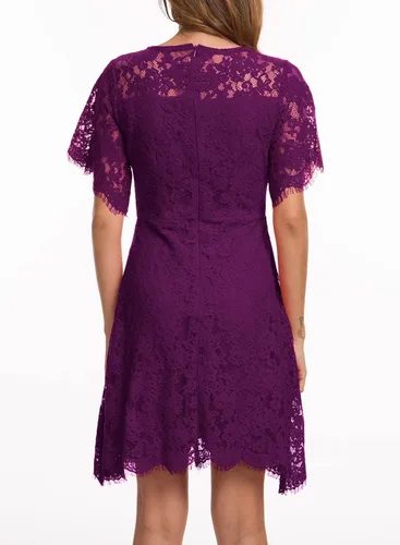 Vista 2 de MSLG Vestido de cóctel de encaje floral de manga corta con cuello redondo elegante para mujer, 943