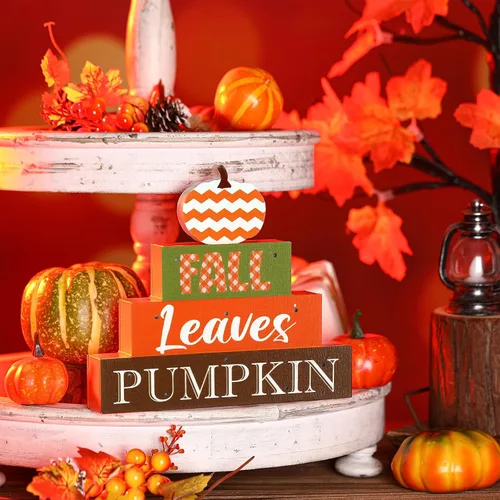 Vista 5 de Thyle Decoración de Acción de Gracias de 4 capas, letrero de madera de otoño con luces LED, decoración de madera con bloque de madera iluminado a