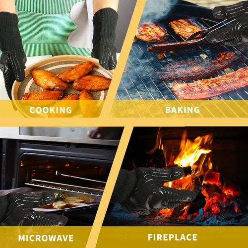 Vista 5 de Guantes BBQ, 1472 °F, resistentes al calor, guantes ignífugos, guantes de silicona antideslizantes lavables, guante de horno, guante de cocina