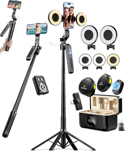 Vista 10 de Content Creator Essentials Kit de vlogging para iPhone/Android, trípode de seguimiento automático de cara de 71 pulgadas para iPhone con luz y Negro
