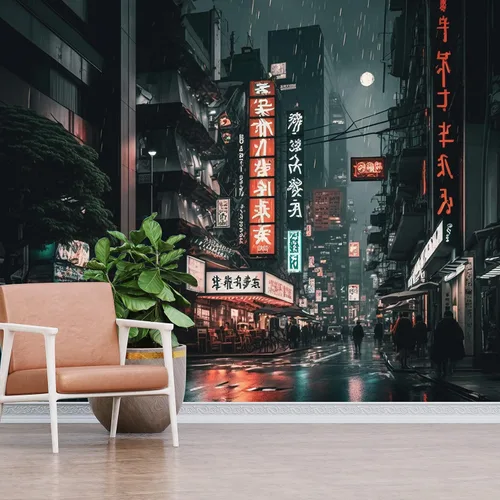 Vista 5 de Papel tapiz de pared con vista nocturna lluviosa de la ciudad de Tokio de Japón, papel tapiz extraíble, papel adhesivo decorativo