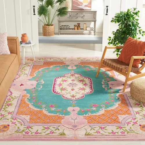 Vista 24 de SAFAVIEH Bellagio Collection - Alfombra decorativa de 2 x 3 pies, azul y rosa, hecha a mano de lana de medallón, ideal para zonas de alto tráfico