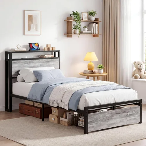Vista 13 de LIKIMIO - Marco de cama individual con cajón y estación de carga, color marrón oscuro 2-Tier Storage Headboard with Metal Construction Frame, No