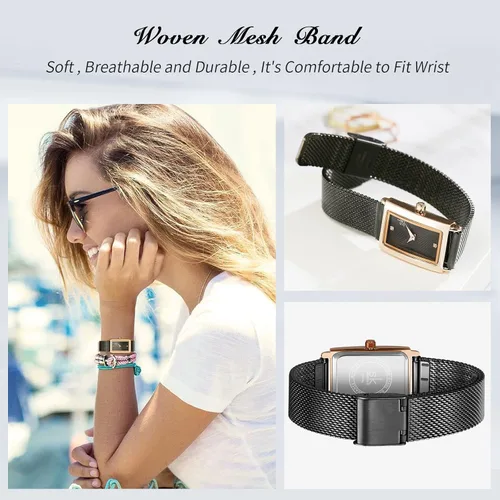 Vista 3 de RORIOS Reloj para mujer, esfera rectangular, reloj analógico de cuarzo con correa de malla de acero inoxidable, reloj de pulsera clásico para mujer