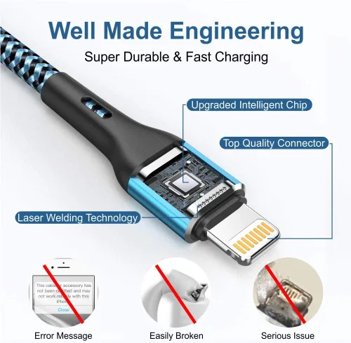 Vista 3 de Durcord Cargador para iPhone de 6 pies/6/3/1.5, cable Lightning de carga rápida, cable trenzado de nailon compatible con iPhone 14/13/12/11 Pro