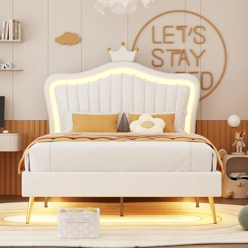 Vista 16 de Cama de plataforma, base de cama tapizada de cuero con cabecera de adorno de conejo, ideal para el dormitorio o apartamento de un niño
