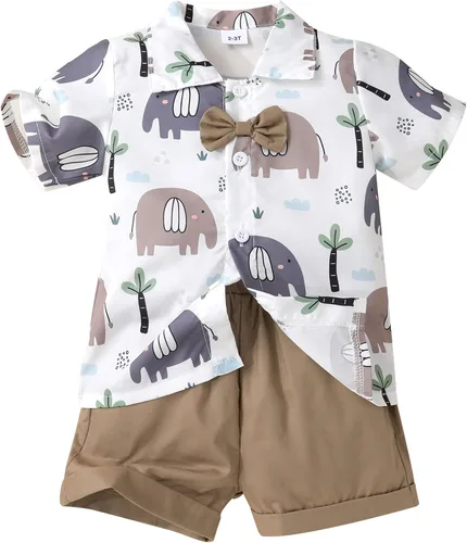 Vista 15 de JEELLIGULAR Conjunto de ropa de verano para bebé niño de manga corta con botones y pantalones cortos, trajes casuales para caballeros de 1 a 6 años