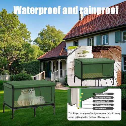 Vista 3 de Casa térmica para gatos al aire libre en invierno, casa para gatos impermeable y aislada, refugio elevado para gatos resistente a la intemperie