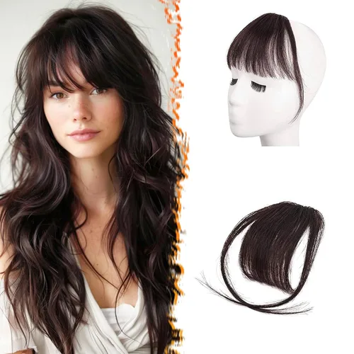 Vista 20 de BARSDAR Flequillo postizo de pelo humano real - Flequillo postizo 100% pelo humano para mujeres - Extensiones de flequillo ondulado castaño rojizo
