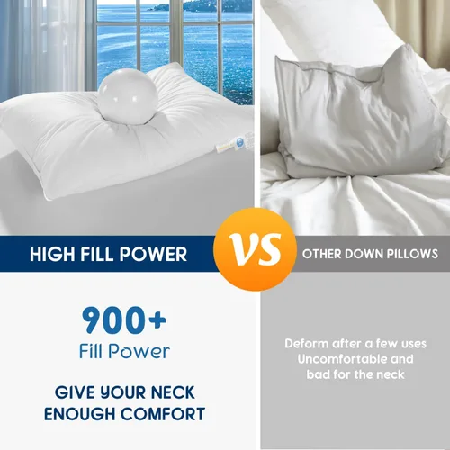 Vista 6 de Almohada de plumón de ganso blanco canadiense de lujo, tamaño estándar, 750+ potencia de relleno, funda de algodón de 800 hilos, almohadas de plumón