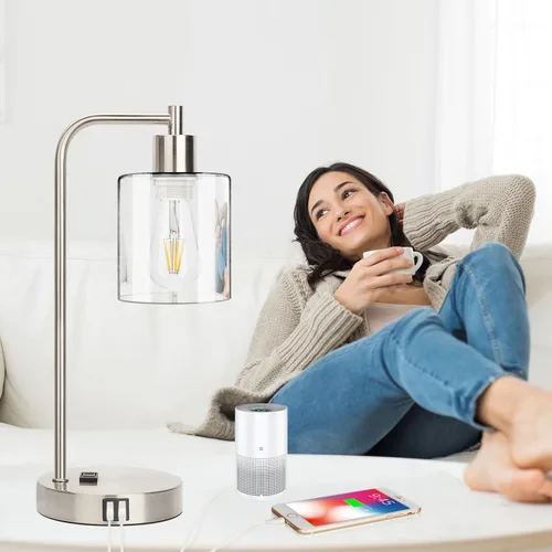 Vista 8 de Juego de 2 lámparas de mesa con control táctil industrial - Lámparas de mesita de noche en níquel cepillado con 2 puertos USB y enchufe de CA
