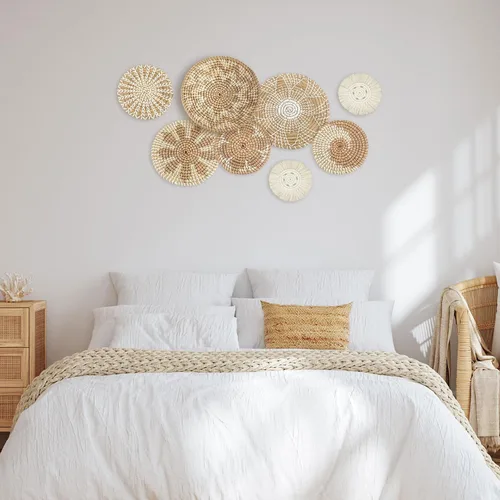 Vista 6 de Xuhal Juego de 8 cestas de pared colgantes tejidas, hechas a mano, decorativas, rústicas, estilo bohemio, cestas de pared artesanales de mimbre