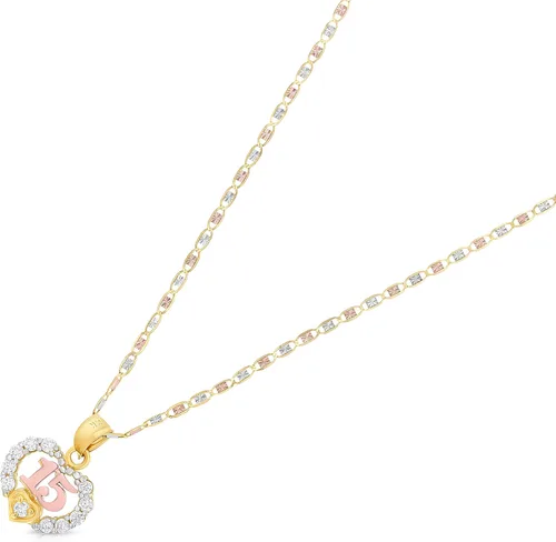 Vista 2 de 14K dos tonos oro dulce 15 años Quinceañera corazón cúbico zirconia CZ colgante con 0.059in collar de cadena Valentino