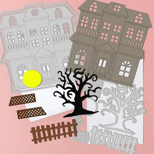 Vista 3 de GLOBLELAND Troqueles de corte de casa embrujada de Halloween para bricolaje álbum de recortes, árbol marchito de metal, calabaza, tela de araña