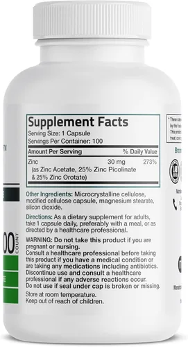 Vista 2 de Bronson Zinc Triple Play 30 mg Triple Cobertura Apoyo Inmune con Acetato de Zinc, Picolinato y Orotato - Apoyo inmunológico, antioxidante