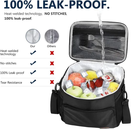 Vista 4 de Gloppie Fiambrera para hombres Bolsa de almuerzo para mujeres, a prueba de fugas almuerzo refrigerador bolsa negro gran almuerzo térmica