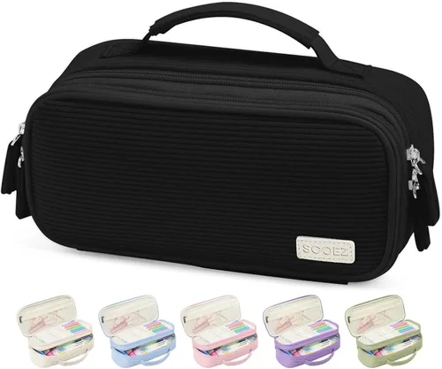 Vista 8 de Sooez Estuche grande para lápices, estuche de pana suave con asa, bonito estuche para bolígrafos, 5 compartimentos, organizador de amplia apertura