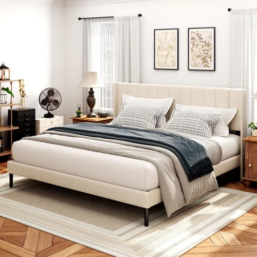 Vista 11 de Sismplly Armazón de cama tamaño completo con cabecero, respaldo acolchado con canales verticales tipo ala, no necesita somier, base de colchón