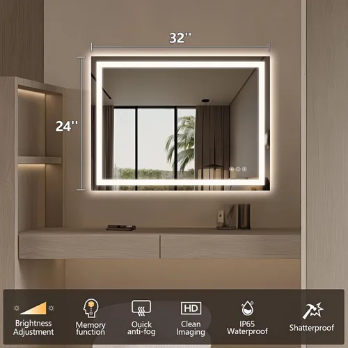 Vista 2 de Espejo de baño LED de 32 x 24 pulgadas con luces, espejo de tocador de baño iluminado frontal y retroiluminado para pared, espejo de maquillaje LED