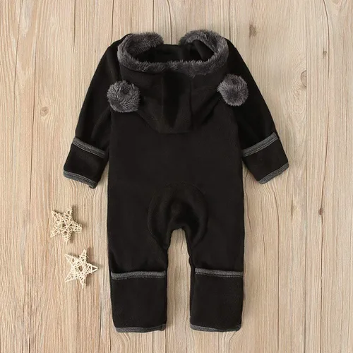 Vista 5 de Sudadera con capucha para bebés y niñas, ropa de forro polar con orejas de dibujos animados (negro, 6-12 meses)