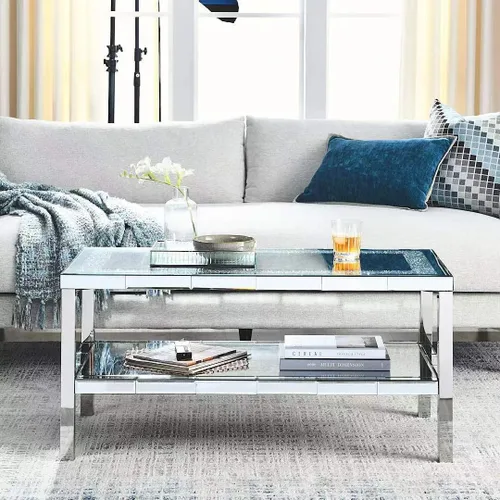 Vista 3 de LUMISOL Mesa de centro con espejo plateado con diseño de cristal, mesa central rectangular de vidrio de 2 capas con patas de acero inoxidable, mesa