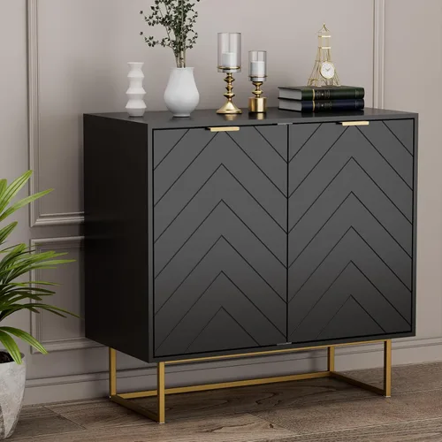 Vista 3 de Aparador moderno de 31 pulgadas con almacenamiento para sala de estar, negro y dorado