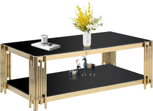 Vista 12 de Mesa de centro de vidrio templado de 31.5 pulgadas, moderna mesa de té dorada de 2 niveles con estante inferior, mesas centrales de lujo con marco