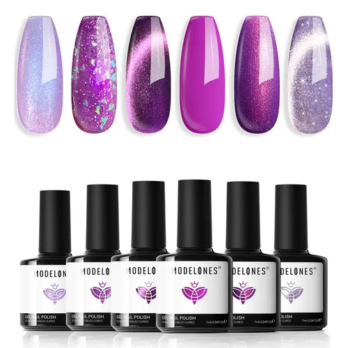 Vista 14 de modelones - Juego de 6 esmaltes en gel con efecto de ojo de gato cristalino, holográfico 9D, brillantina, negro, azul, morado, verde, con imán