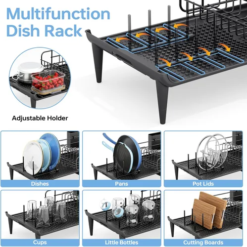 Vista 4 de TOOLF Escurridor de platos grande, escurridor de platos expandible para encimera de cocina, escurridor de platos multifuncional, elementos Negro