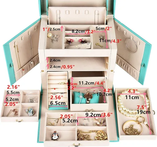 Vista 3 de Joyero organizador grande de piel sintética con cajones de espejo con cerradura de regalo para mujer (TF Azul-L)