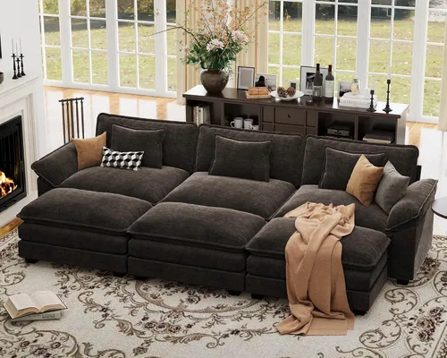 Vista 127 de Sofá modular de gran tamaño de 154 pulgadas, cómodo sofá en forma de U con 3 otomanas móviles, sofá moderno de felpilla de 7 plazas para sala