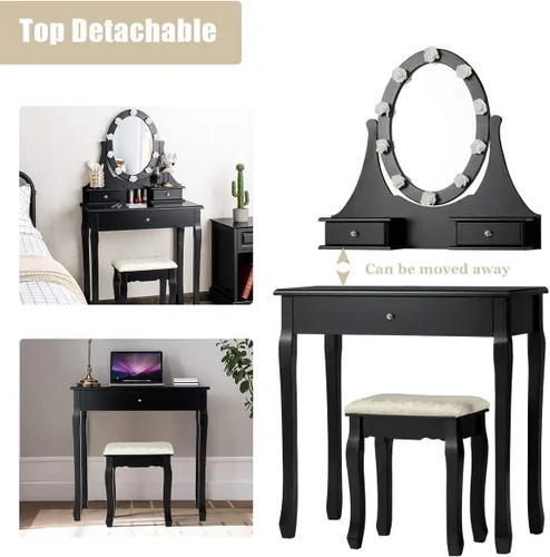 Vista 5 de Giantex Juego de tocador con espejo iluminado, mesa de maquillaje con 10 luces rosadas, escritorio de tocador moderno con taburete acolchado, 3