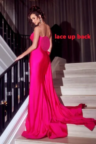 Vista 6 de Vestidos de fiesta de sirena con cuentas de lentejuelas 2023 largos de satén con abertura en forma de corazón, vestidos formales de fiesta de noche
