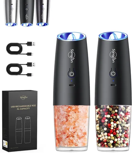Vista 12 de Sangcon Gravity - Juego de molinillo eléctrico de sal y pimienta con agitador automático, molinillo con luz LED, FUNCIONA CON BATERÍAS, grosor