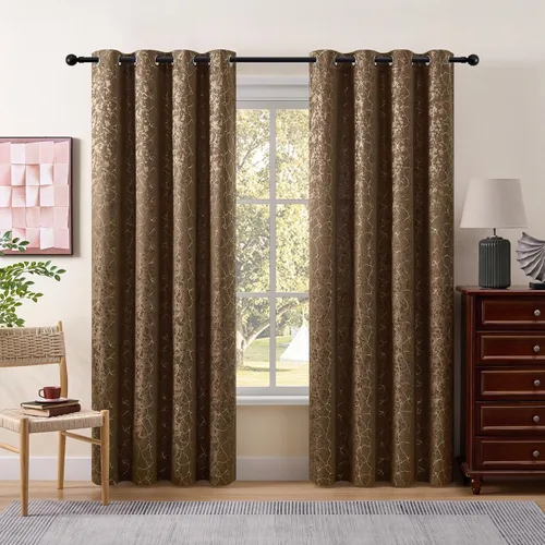 Vista 2 de Cortinas marrones y doradas de 63 pulgadas de largo, 2 paneles de cortinas geométricas para oscurecer la habitación, cortinas con ojales, estampado
